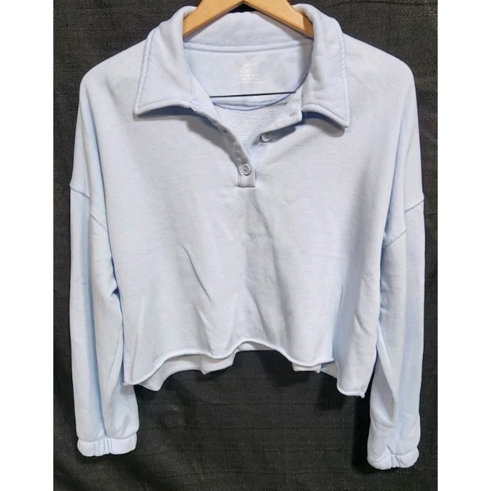 Oversized Aerie Blue Cropped Quarter Button Sweatshirt Long Sleeve PulloverSz Sm